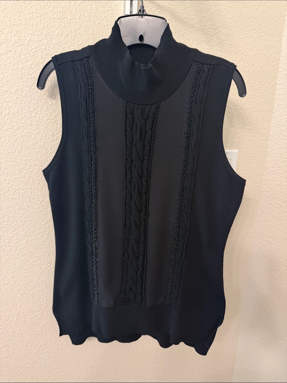 White House Black Market Black Sleeveless Turtleneck Cable Knit Top